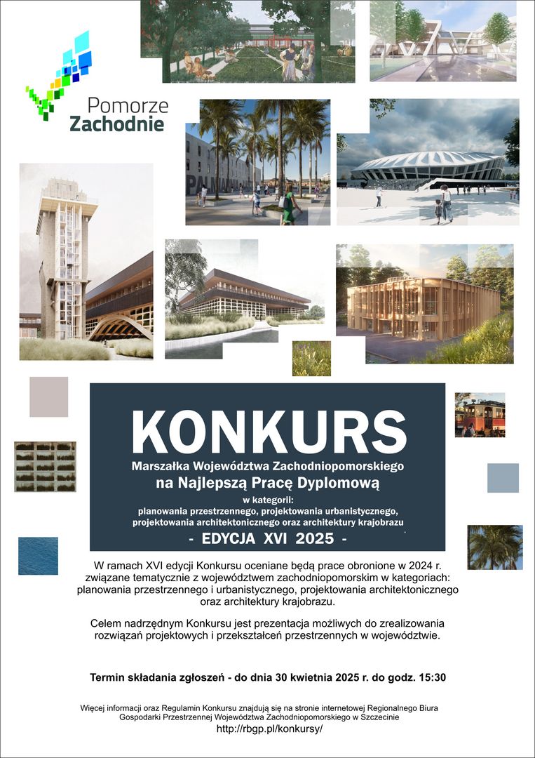 Plakat, projekty architektoniczne, budynki, skwery, logo 