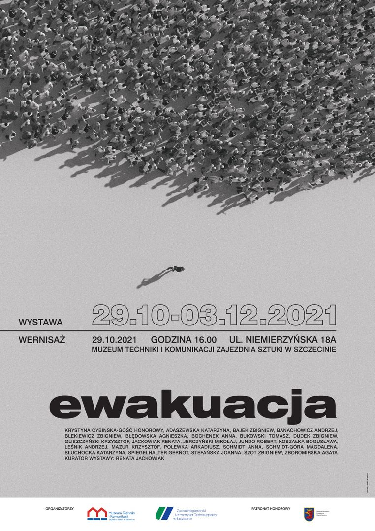 Grupa ludzi z lotu ptaka - plakat wystawy EWAKUACJA