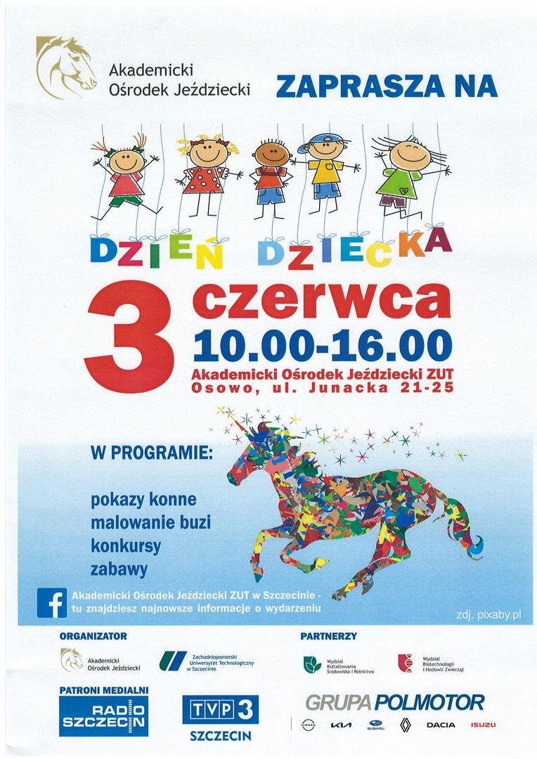 Plakat z zaproszeniem na dzień dziecka Ośrodka Jeździeckiego ZUT