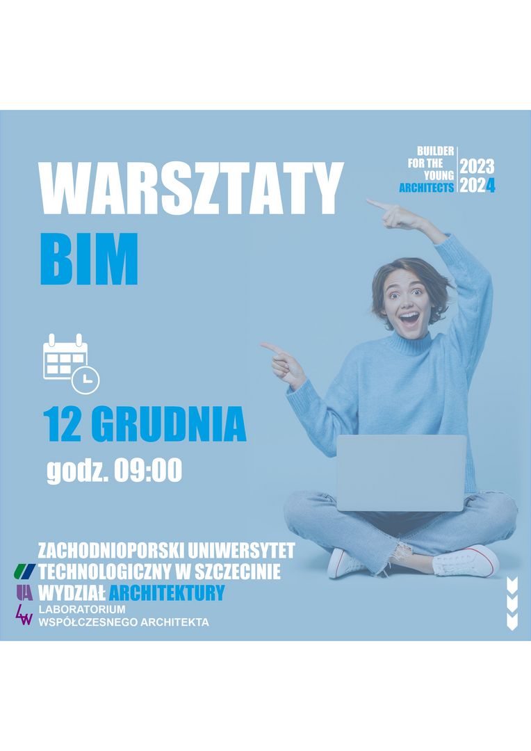 Plakat warsztaty BiM. Ciesząca się młoda kobieta na zdjęciu.